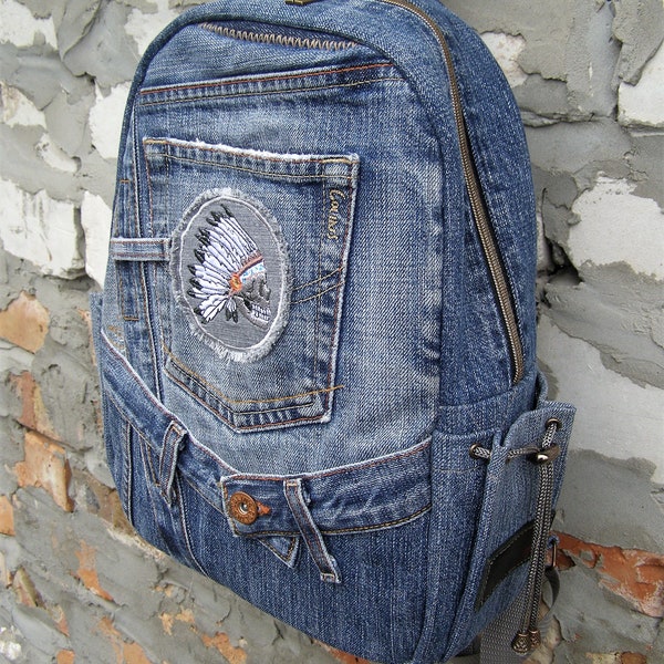 Hipster Boho bag with skull, Upcycled Denim Backpack, Designer Jeans Rucksack, Recycled College Bag, Backpack for School, Vintage Unisex bag