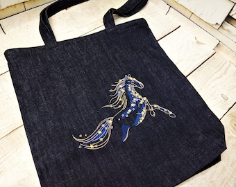 Embroidered Denim Tote Bag, Reusable Grocery Bag, Horse Design