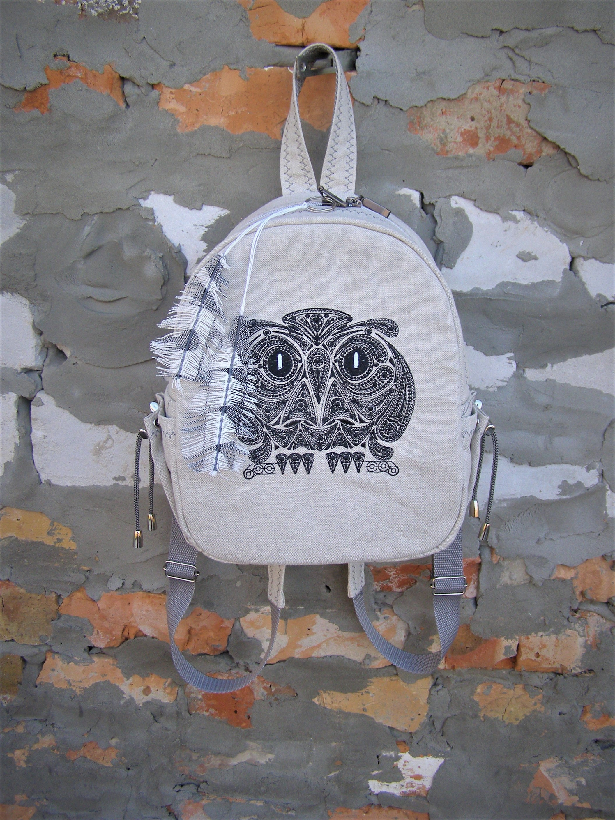 Mini backpack with embroidered owl Linen embroidered backpack Etsy