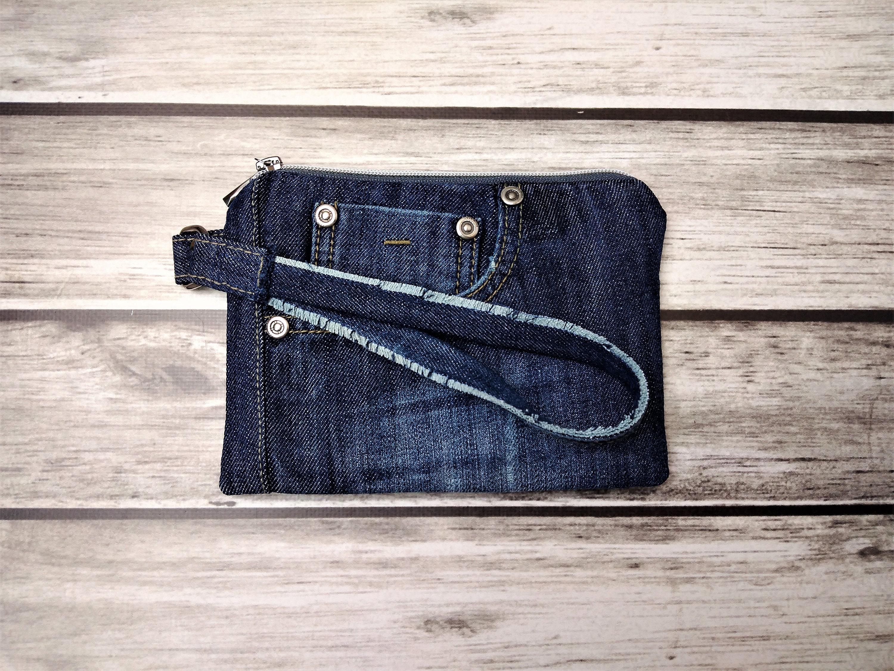Recycled Jeans Wristlet Purse Small Denim Zipper Bag for Cell - Etsy