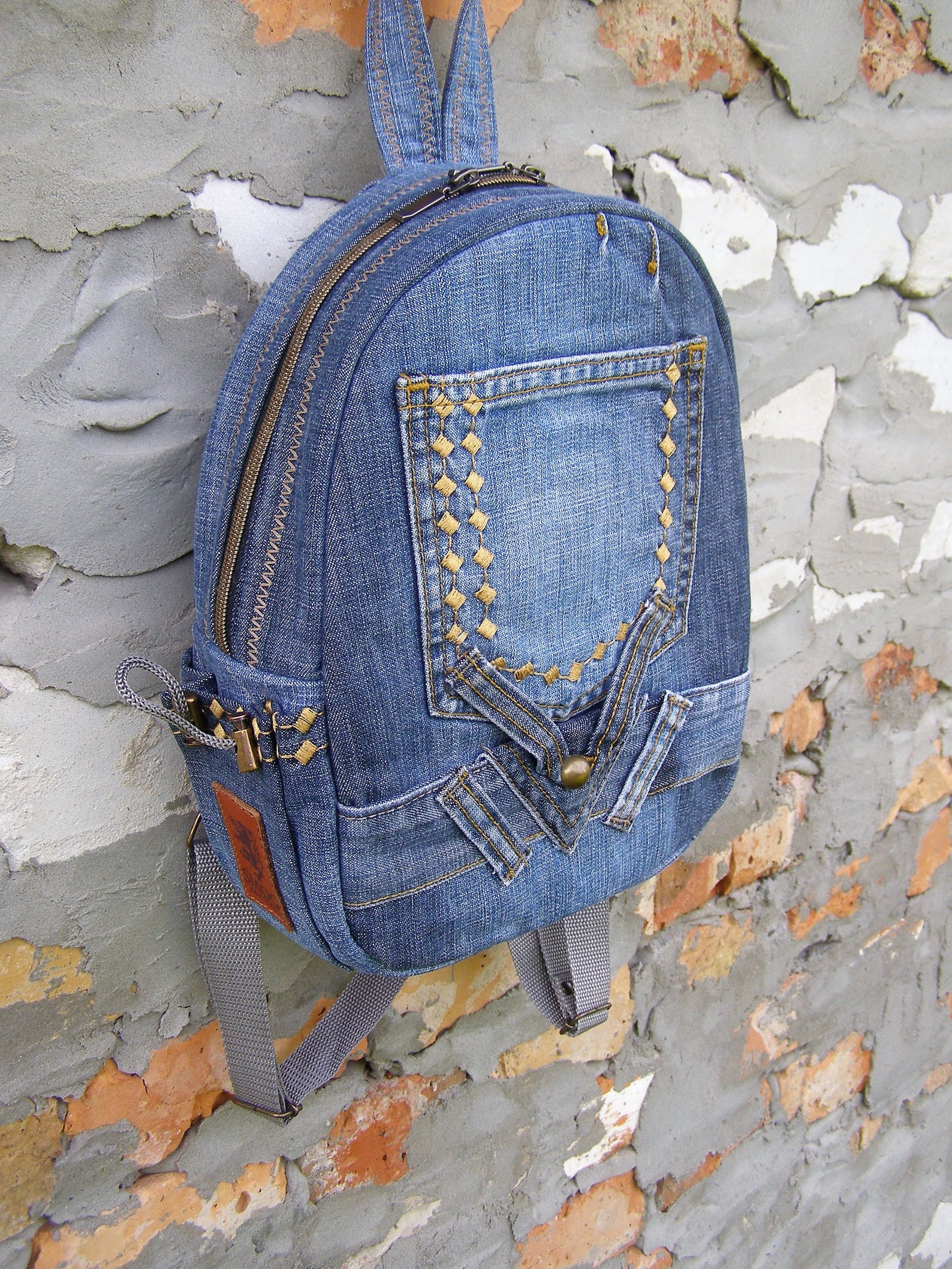 Recycled Denim Mini Backpack Designer Jeans Rucksack Small Etsy