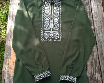 Ukrainian linen embroidered shirt, Ukrainian vyshyvanka, Ethnic sorochka gift for men, Ukrainian Man Vyshyvanka in military style.