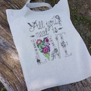 Embroidered Linen Tote Bag: Lined Book Handbag