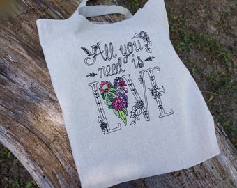 Embroidered Linen Tote Bag: Lined Book Handbag