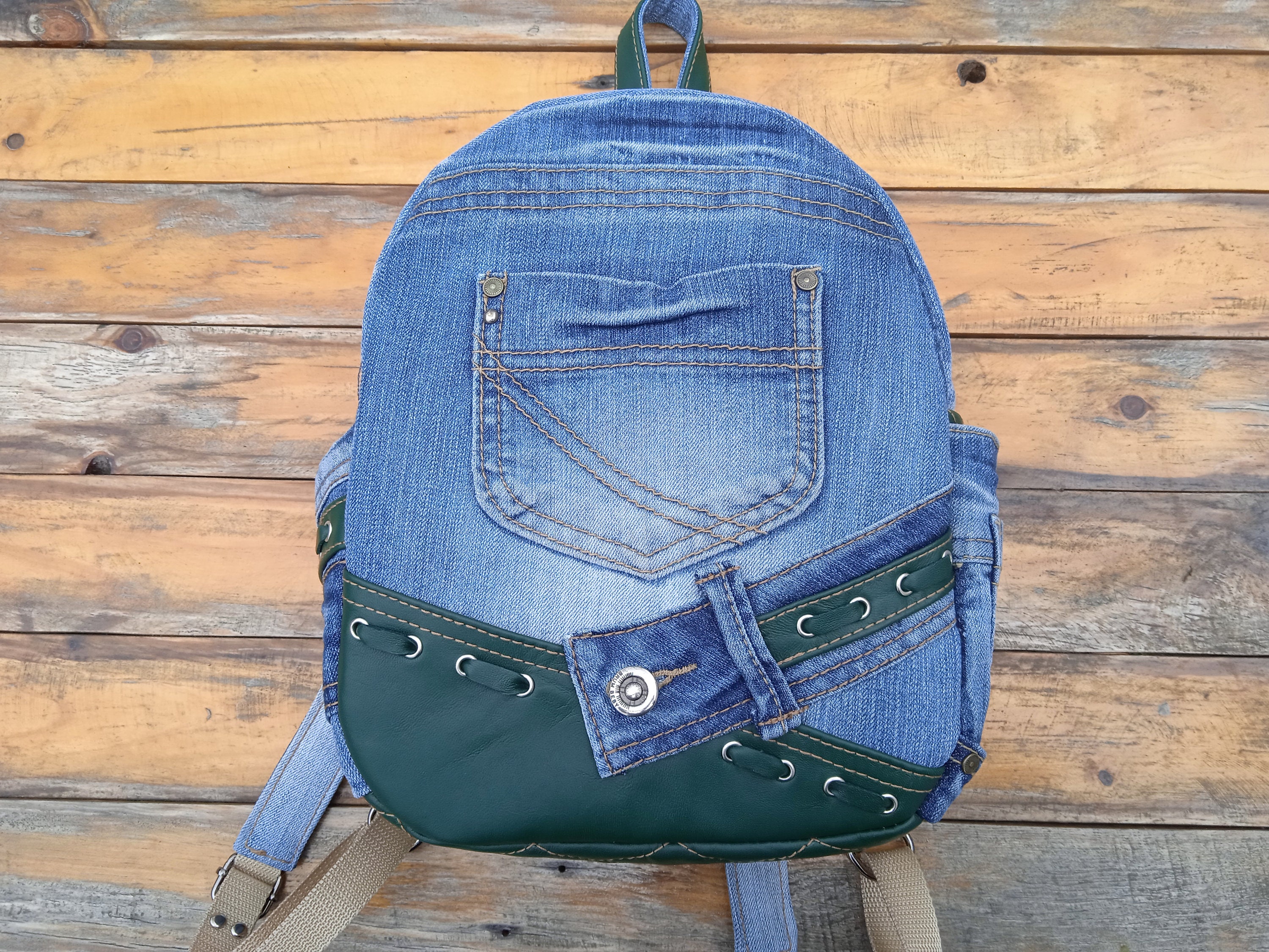 Upcycled Denim Backpack: Small Leather Accent Bag - Etsy