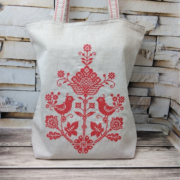 Linen tote bag with embroidered Ukrainian ethnic ornament,  Zip pocket tote, Ukrainian folk bag.