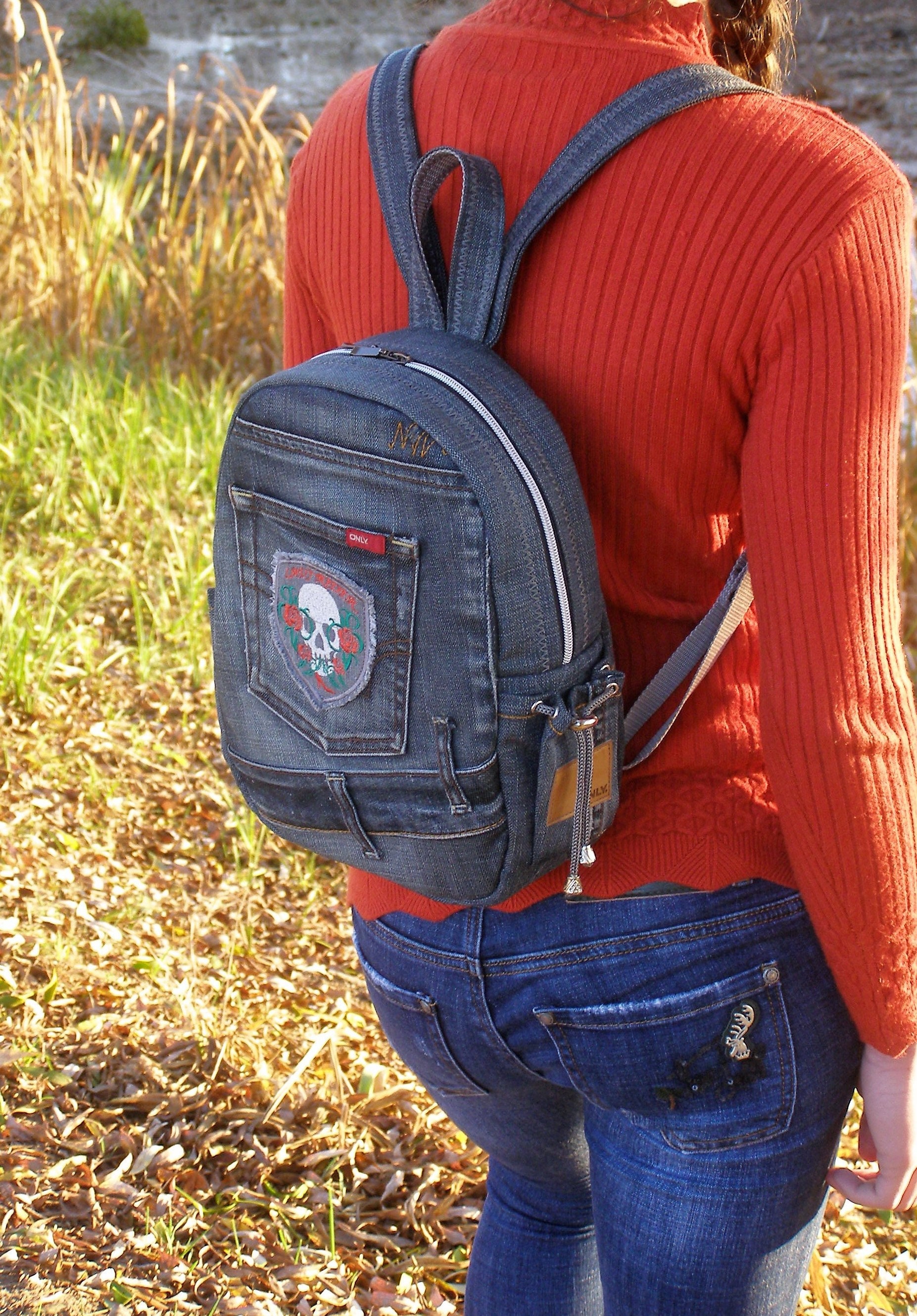 Mini Denim Backpack With Skull Designer Jeans Rucksack Biker Etsy