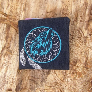 Monedero Hipster Denim Boho Hippie con lobo, cartera ecológica, billetera vegana pequeña, billetera minimalista, bípedo delgado para hombre, cartera de bolsillo posterior