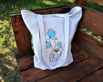 Linen tote bag with embroidered flowers, Zip pocket tote.