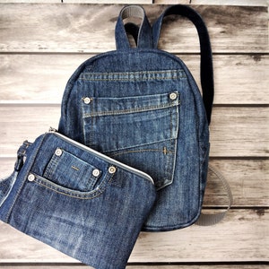 Conjunto de mochila y bolso de mano de mezclilla reciclada, bolso de jeans vintage, bolso boho hipster, bolso vegano pequeño