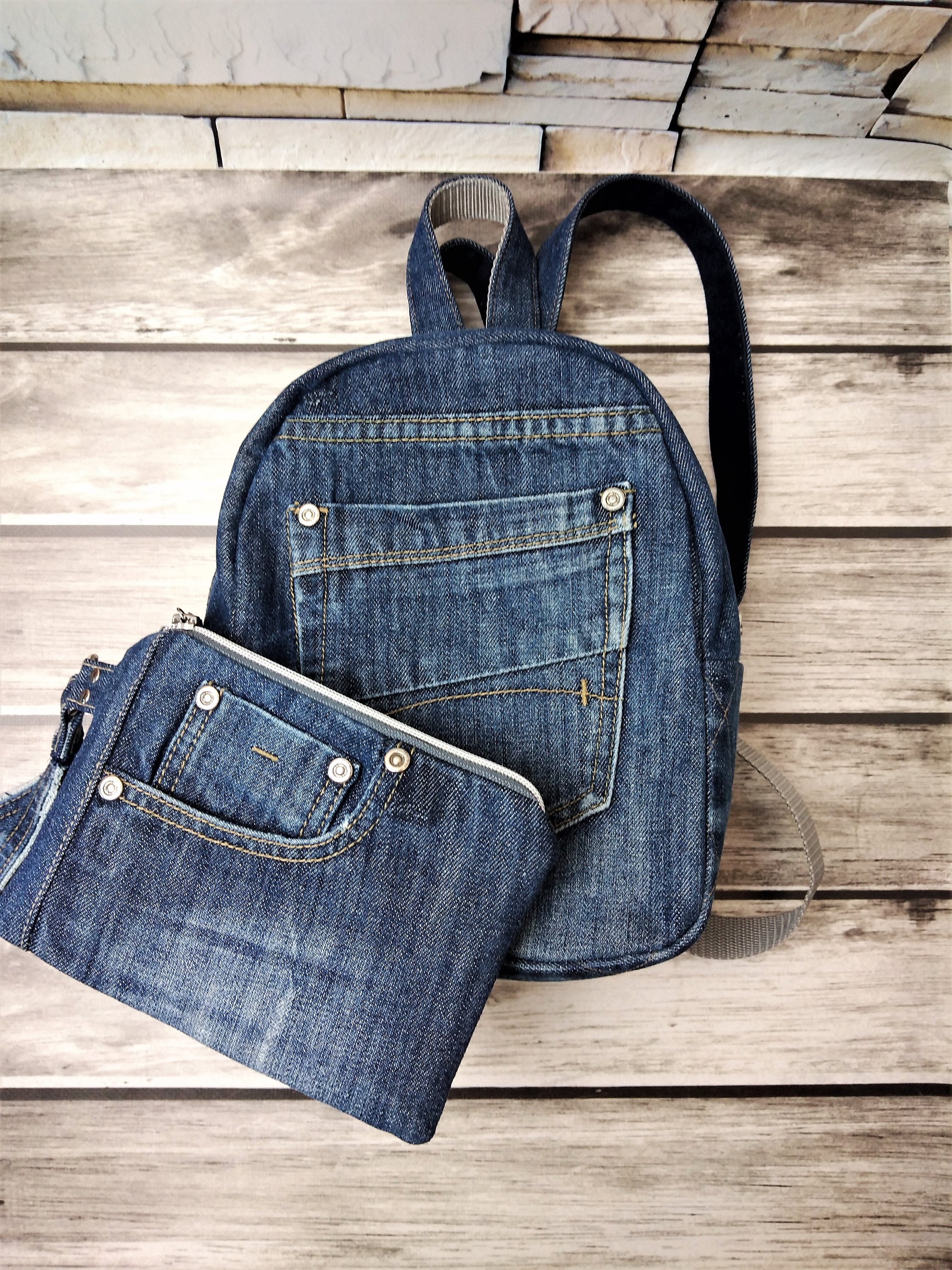 Recycled Denim Set Mini Backpack and Wristlet Vintage Jeans 
