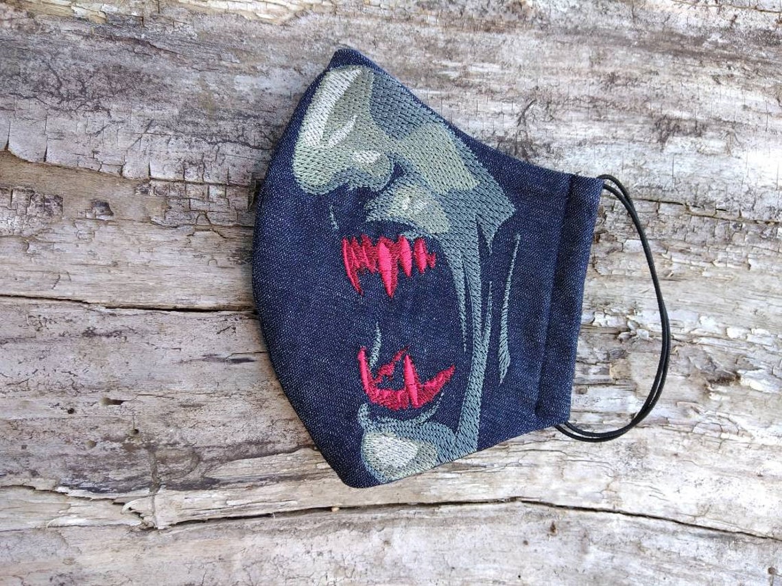Goth Face Mask With Embroidered Vampire Washable Face Mask 2 Etsy UK