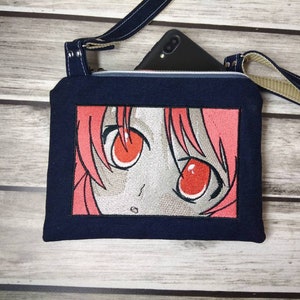 Bolsa com menina anime bordada, Mini Bolsa Jeans para menina, Carteira jeans para celular, Bolsa pequena de viagem crossbody.