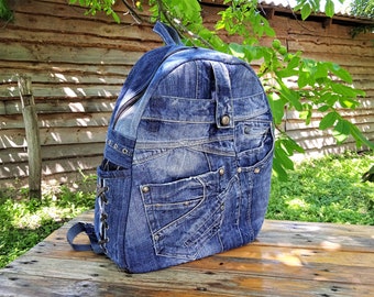 Recycled Denim Blue Backpack, Big Vintage Jeans Hipster rucksack, Upcycled Backpack for men.