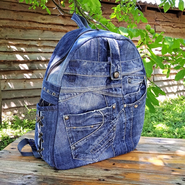 Recycled Denim Blue Backpack, Big Vintage Jeans Hipster rucksack, Upcycled Backpack for men.