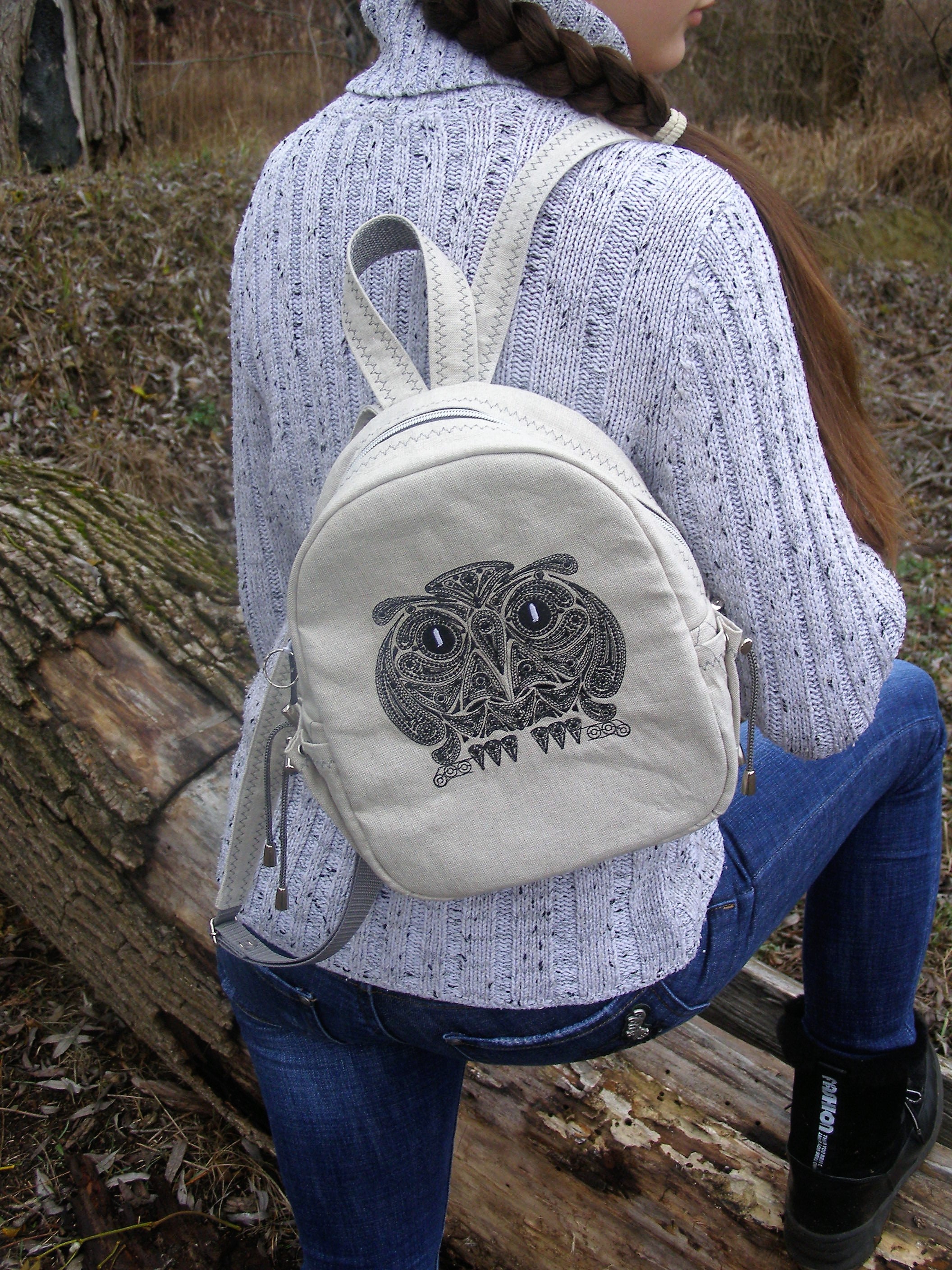 Mini backpack with embroidered owl Linen embroidered backpack Etsy
