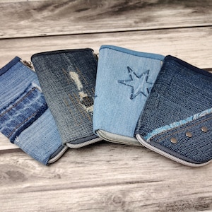 Recycled Denim Reißverschluss Geldbörse, Kleine Stoff Geldbörse, Upcycled Jeans Geldbörse.