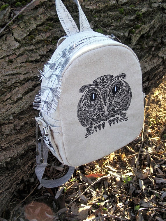 Embroidered Owl Mini Backpack: Linen Travel Bag - Etsy
