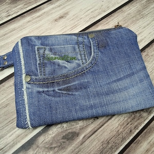Bolsa pequena com zíper vegano para celular, bolsa jeans reciclada, bolsa jeans reciclada, bolsa jeans boho hipster