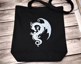 Zwarte linnen draagtas: geborduurde boekentas Dragon Goth