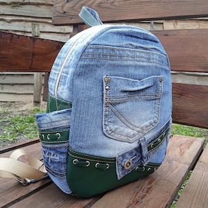 Upcycled Denim Backpack: Small Leather Accent Bag