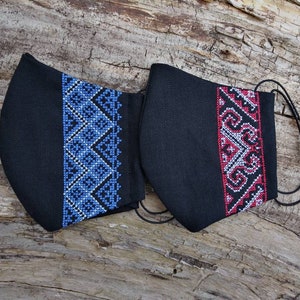 Linen face masks with embroidered Ukrainian ornament, Set of two face masks with ethnic ornament, Reusable face masks.