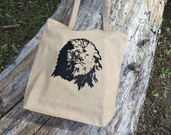 Denim tote bag with embroidered lion, Reusable grocery bag, Book bag, Camel color tote bag.