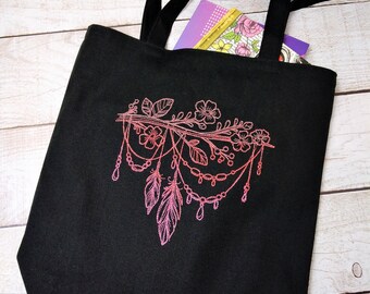 Black Linen Tote Bag: Embroidered Reusable Grocery Bag