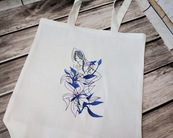 Embroidered White Canvas Tote Bag: Stylish Linen Shopping Bag
