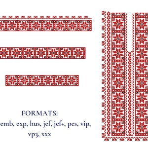 Könnte beinhalten: Rotes und weißes Stickmuster mit floralem Muster. Das Design ist für ein Kleidungsstück und umfasst einen Ausschnitt, Ärmel und einen Rand. Das Design ist in mehreren Formaten verfügbar, darunter dst, emb, exp, hus, jef, jef+, pes, vip, vp3 und xxx.