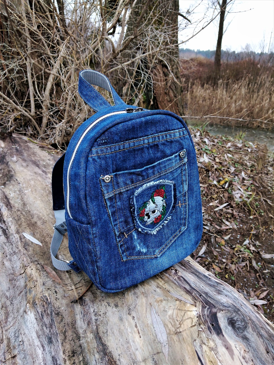 Mini Denim Backpack With Patch Skull Designer Jeans Rucksack Etsy