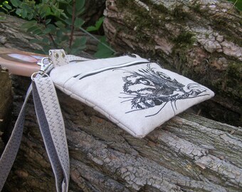 刺繍入り猫リネンクロスボディバッグ：ジッパー付き携帯電話用財布