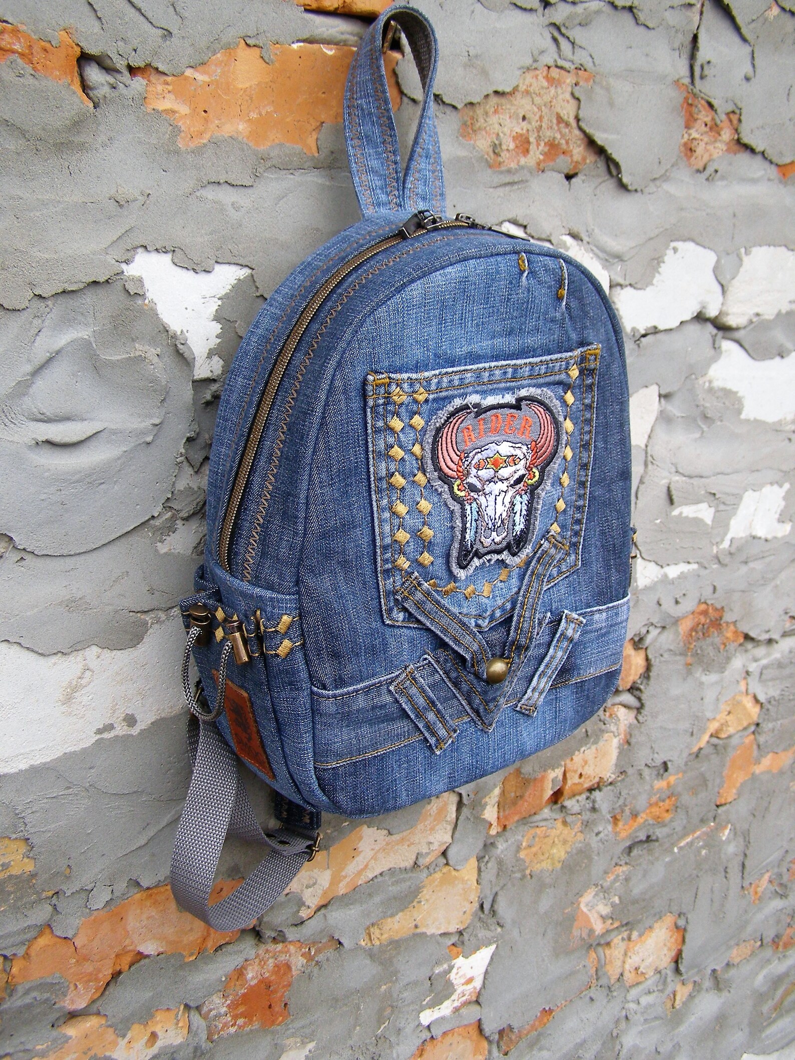 Jeans Urban Mini Backpack With Patch Designer Stylish Etsy