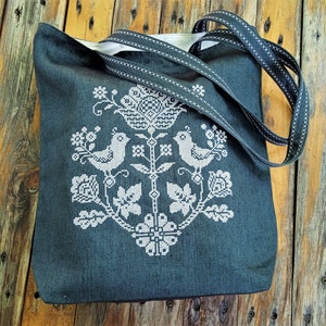 Linen tote bag with embroidered Ukrainian ethnic ornament,  Zip pocket tote, Ukrainian folk bag.
