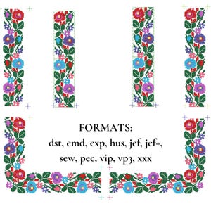 May include: A digital embroidery design featuring floral patterns in red, blue, purple, and green. The design includes the text "FORMATS: dst, emd, exp, hus, jef, jef+, sew, pec, vip, vp3, xxx".