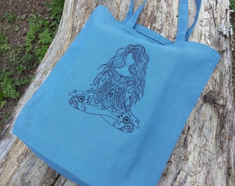 Sturdy linen tote bag with embroidered, Reusable grocery bag,  Yoga bag.