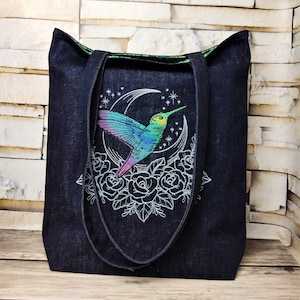 Hummingbird denim tote bag, Reusable grocery bag, Book bag with embroidery.