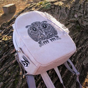 Mini backpack with embroidered owl, Linen embroidered backpack .