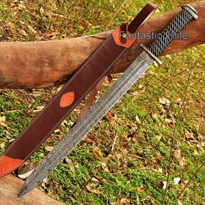 Handmade Damascus Full Tang Sword, 35" Rose Wood Handle With Leather Sheath, Birthday gift, Anniversary gift, Father Day gift