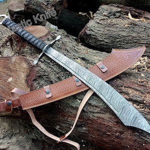 31" Handmade Damascus Full Tang Chinese Tactial  Sword / Hunting and Survival Sword with Leather Sheath- Gift for him/ Anniversary Gift