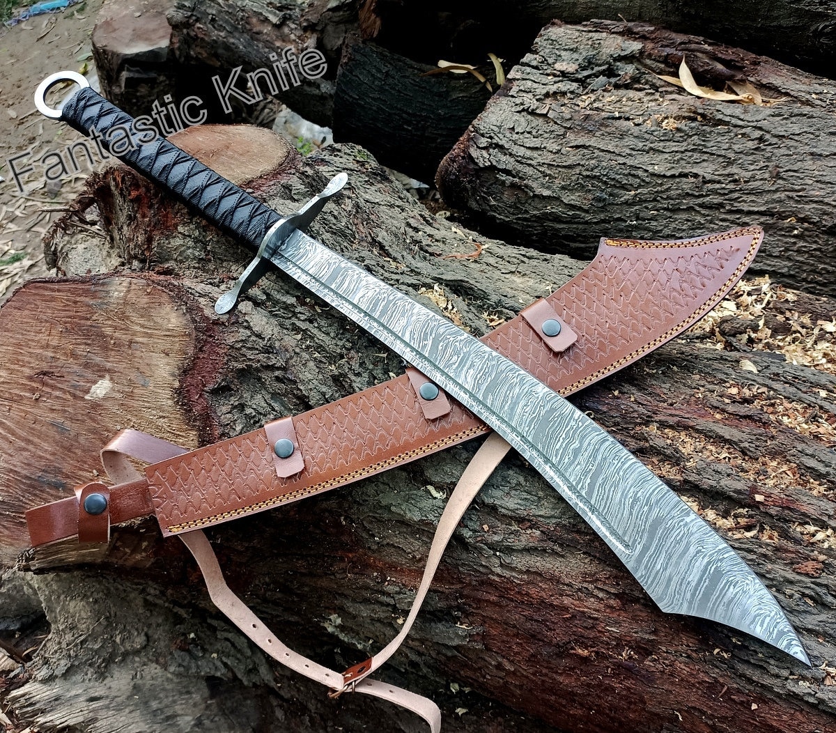 31" Handmade Damascus Full Tang Chinese Tactial  Sword / Hunting and Survival Sword with Leather Sheath- Gift for him/ Anniversary Gift