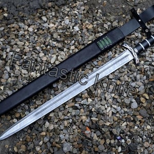 38" Handmade Damascus Full Tang Viking Sword / Black Micarta Handle with Leather Sheath, Gift for her, Gift for men, Groomsmen gift