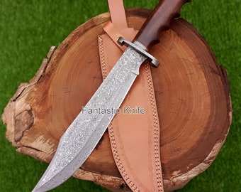 Couteau Bowie de chasse fait main en acier damas pleine soie avec étui en cuir, cadeau d'anniversaire, cadeau d'anniversaire, cadeau de fête des pères, cadeau pour lui