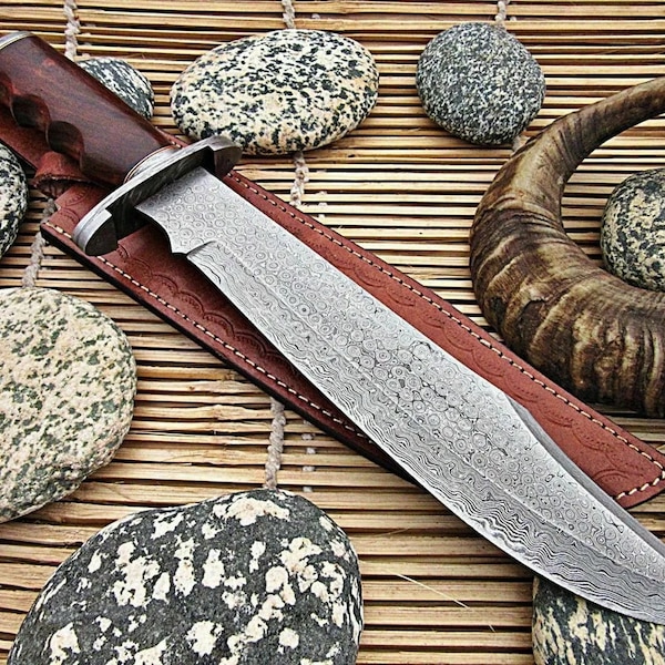 Damascus Steel Handmade Hunting Bowie Knife Full Tang With Leather Sheath, Birthday gift, Anniversary gift, Father day gift, gift for him