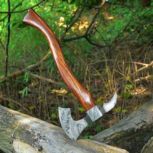Handmade Damascus Steel Tomahawk Axe Rose Wood Handle, Camping, Hatchet, With Sheath