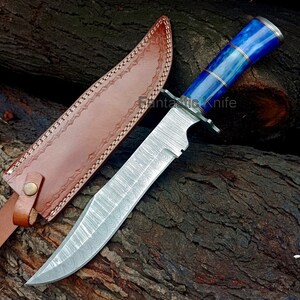 Handmade Damascus Bowie Hunting Knife 15&quot; Full Tang, With Leather Sheath