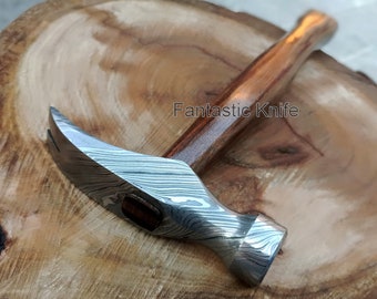 Custom Handmade Damascus Steel Hand Forge Claw Hammer Rose Wood Handle With Leather Sheath, Birthday gift, Anniversary gift, Gift for him