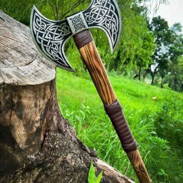 Custom Handmade Double Headed Viking Steel Axe With Engraved Blade Double Bit Axe And Handcrafted Wooden Handle, Birthday gift, gift for him