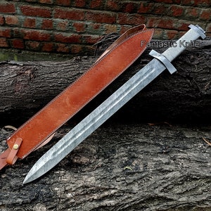 Damascus Sword Custom Handmade Full Tang Viking Sword With Leather Sheath, Gift For Him, Christmas, Wadding, Birthday Gift