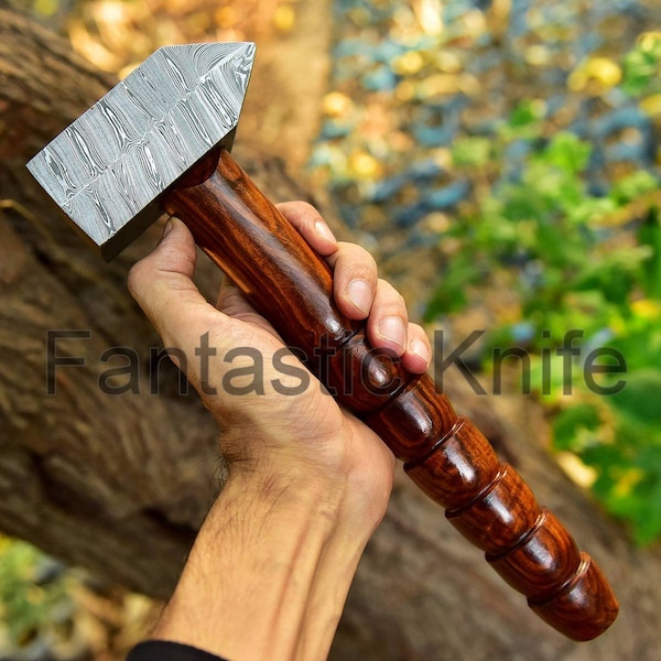 Custom Handmade Damascus Steel Hand Forge Hammer Rose Wood Handle With Leather Sheath